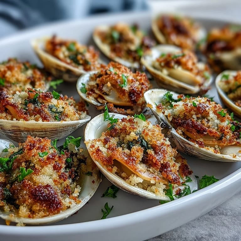 Baked clams with zesty lemony panko, perfect as an elegant appetizer paired with chilled white wine on a cozy table.