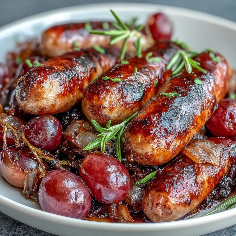 Rustic Italian-inspired Roasted Sausage and Grapes on a sheet pan, featuring juicy grapes bursting alongside tender, browned sausages.