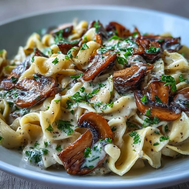Hearty Creamy Mushroom Stroganoff combines tender noodles, savory mushrooms, and a luscious, creamy sauce garnished with fresh herbs.