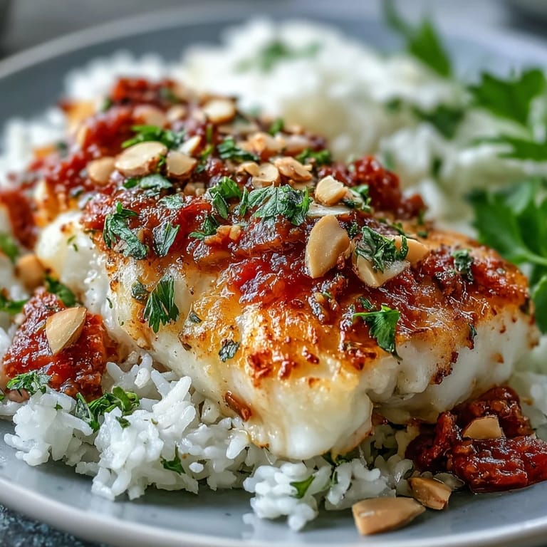 Bright Tomato-Roasted Cod With Spiced Almonds, garnished with parsley and almonds, pairs beautifully with ginger rice for a satisfying meal.