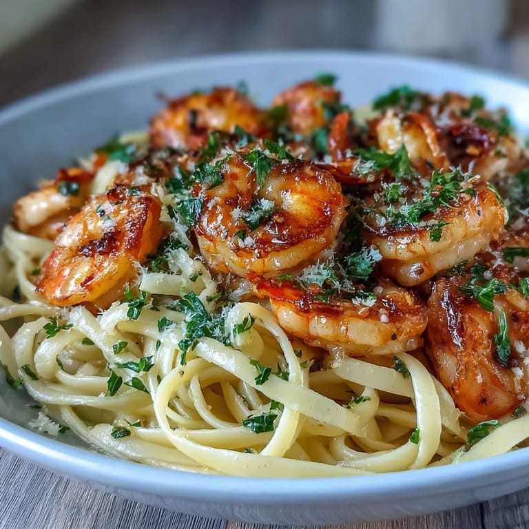 A close-up of tender shrimp and linguine in a glossy, garlicky butter sauce, garnished with lemon slices and chopped parsley.