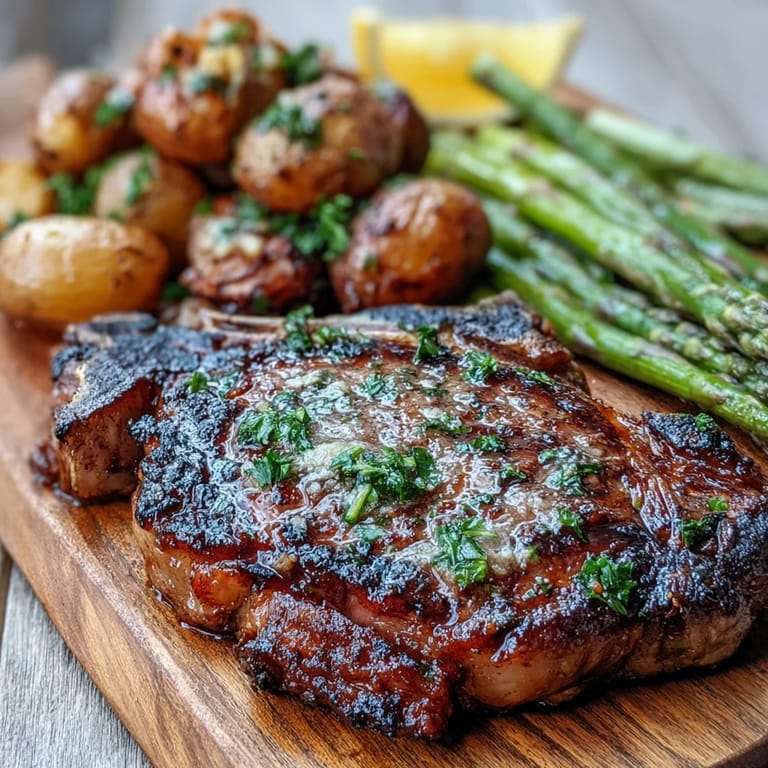 Juicy rib eye steak resting before serving alongside grilled asparagus and herb butter potatoes, ready to enjoy.
