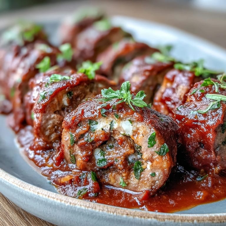 Hearty Sicilian-Style Braciole served over pasta, drizzled with rich tomato sauce and garnished with fresh basil leaves.