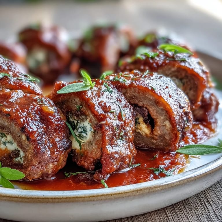 Sliced Sicilian-Style Braciole on a rustic plate, revealing a savory filling of pecorino, herbs, and toasted pine nuts.  