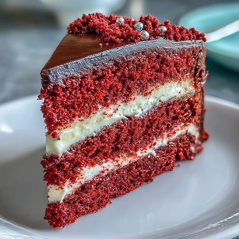 Slice of Betty Boop cake revealing tender red crumb and tangy frosting, served on a dessert plate with berries nearby