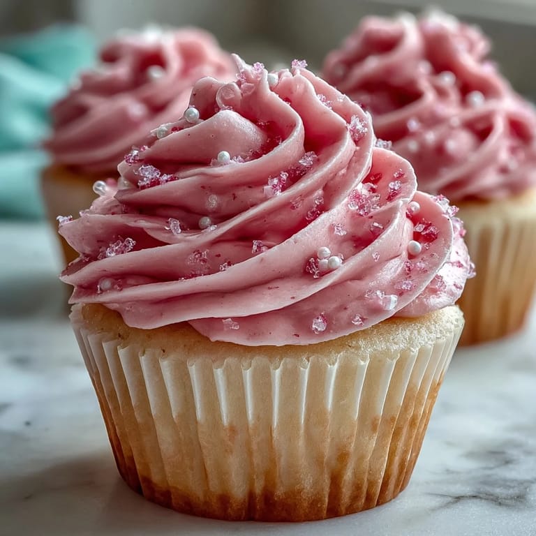 Close-up of Pink Velvet Cupcakes showing a tender, blush-pink crumb and rich vanilla buttercream texture ready to be served.