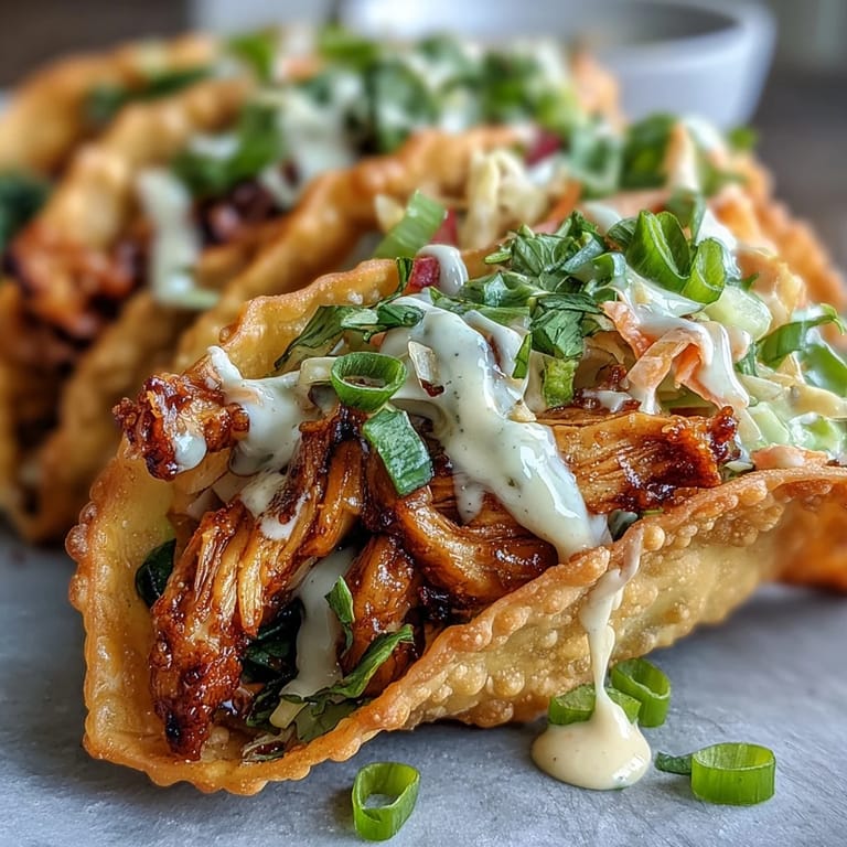 Crispy Chicken Wonton Tacos topped with fresh cilantro and lime wedges for a vibrant, zesty finish.