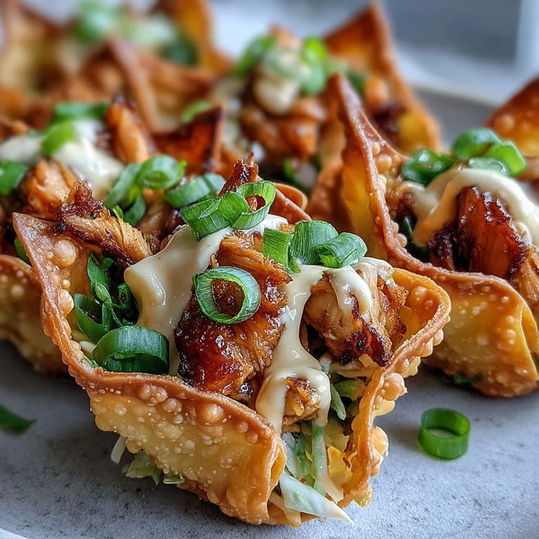 Smoky seasoned chicken and tangy slaw stuffed into fried wonton taco shells for an Asian fusion dinner.