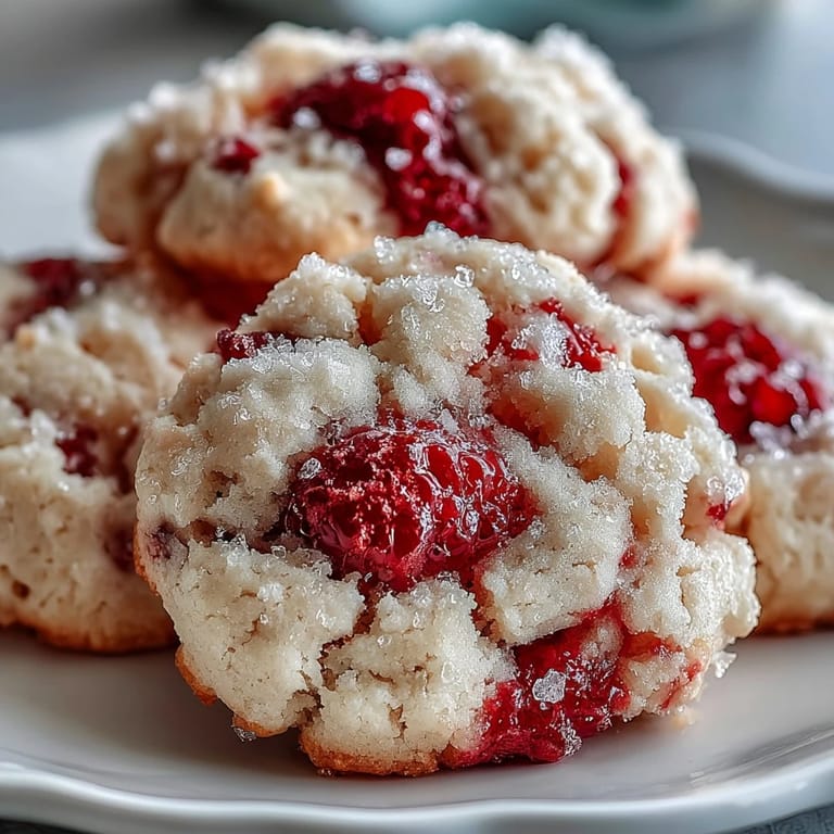 Three Soft Chewy Raspberry Sugar Cookies are arranged beside fresh raspberries, showcasing their sparkly sugar coating and tender texture.