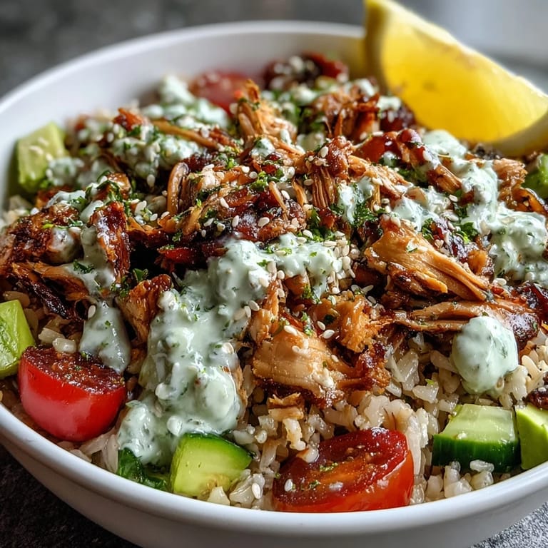 Close-up of a Rotisserie Chicken Bowl featuring juicy chicken, steamed broccoli, avocado, and cherry tomatoes.