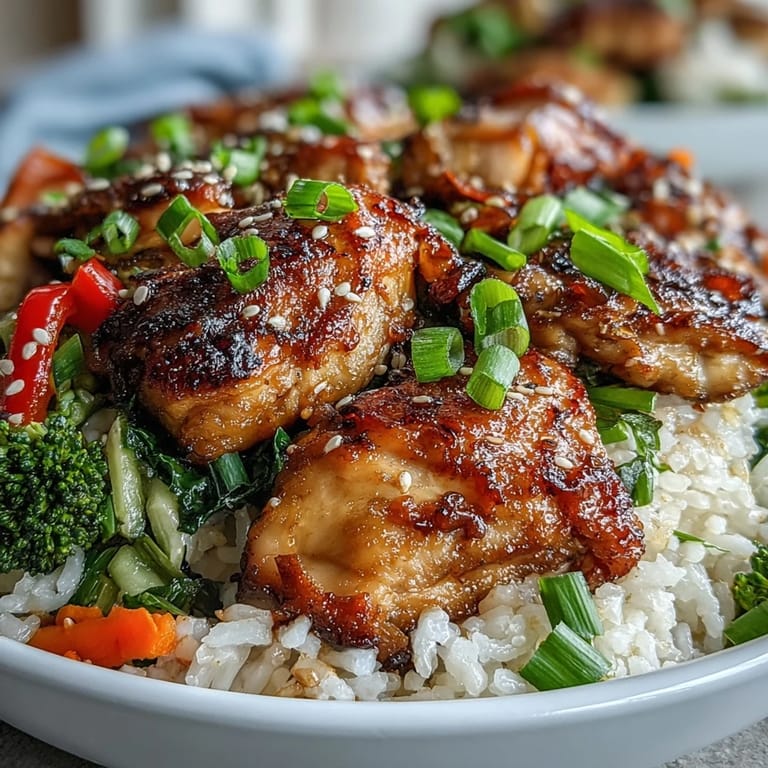 A close-up of a hearty Chicken and Rice Bowl reveals juicy chicken pieces, sautéed vegetables, and perfectly cooked rice, ready to be enjoyed.