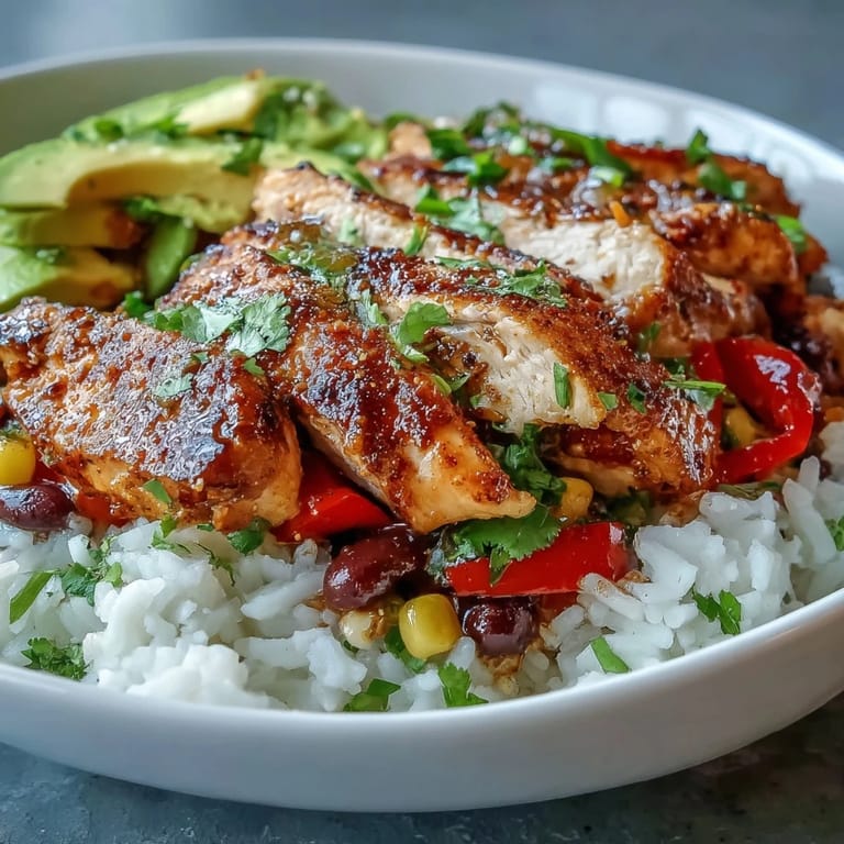 Close-up of a Cajun Chicken Bowl featuring juicy sliced chicken, sautéed bell peppers, sweet corn, and black beans over steamed rice.  