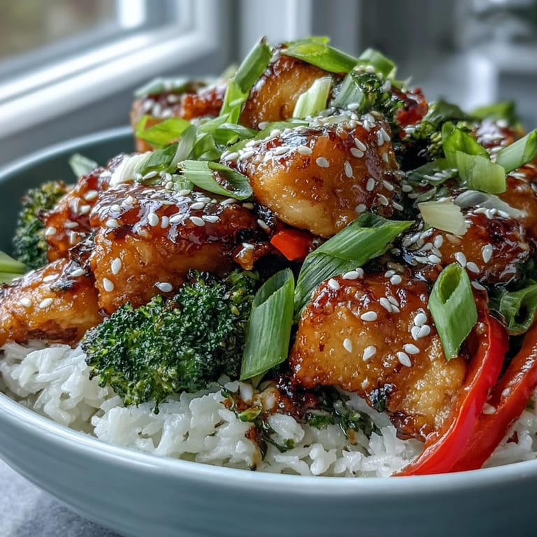 Spoon ready to serve Honey Garlic Chicken Bowl with tender glazed chicken, crisp veggies, and sesame seeds over rice.