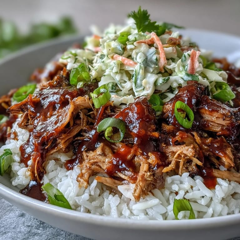 Pulled pork bowl featuring shredded meat, crisp slaw, and rice, drizzled with barbecue sauce on a rustic table.