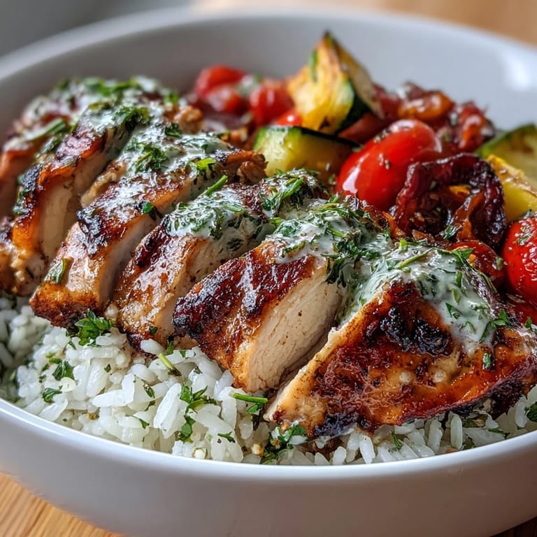 A close-up view of the vibrant Lemon Herb Roasted Chicken Bowl, featuring golden-brown chicken, red bell peppers, and zucchini, ready for a wholesome dinner.  