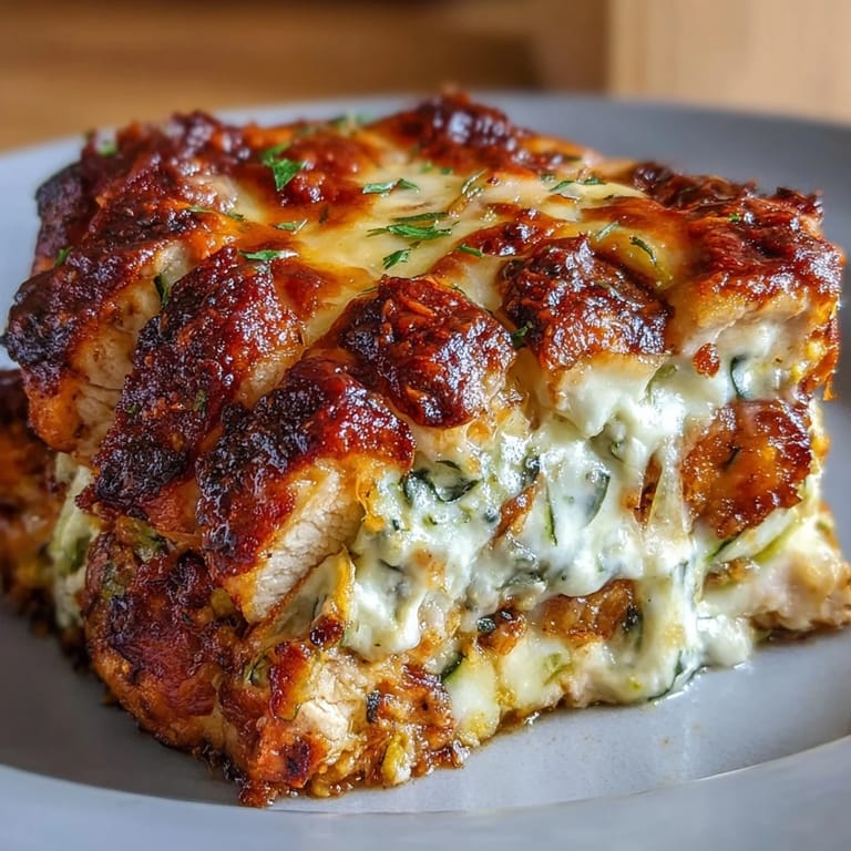 Sliced portions of the High Protein Chicken Zizzle Bake served on a white plate, highlighting the tender chicken and soft zucchini layers for a low carb dinner.