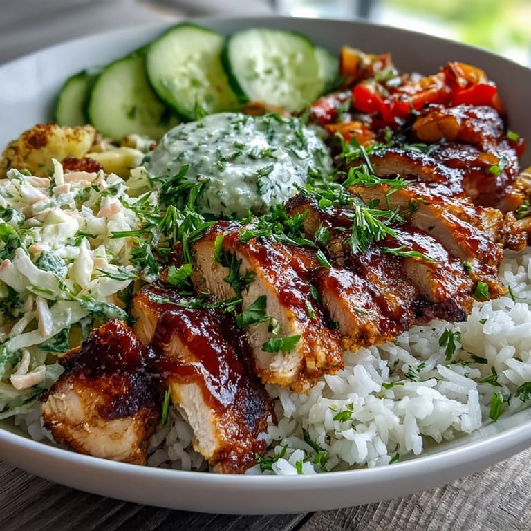 Close-up of a BBQ Chicken Bowl featuring tender chicken, vibrant roasted peppers and zucchini, and a scoop of creamy coleslaw.