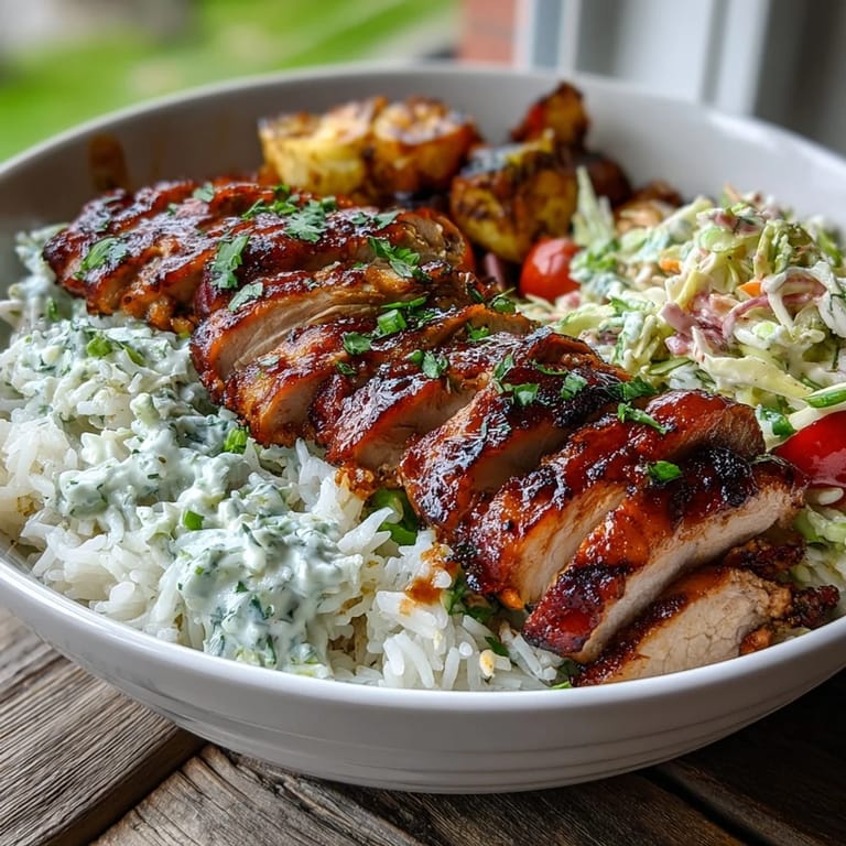 Deconstructed BBQ Chicken Bowl with golden rice, BBQ-glazed chicken slices, crunchy slaw, and colorful roasted vegetables ready to mix.