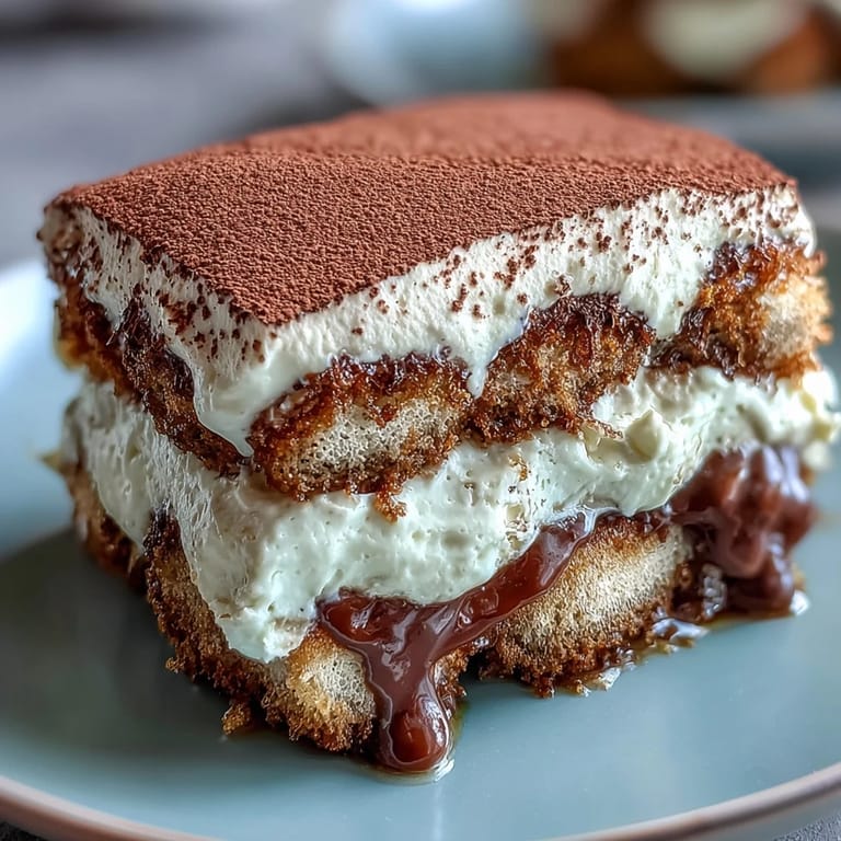Creamy Hojicha Tiramisu on a plate with cocoa dusting and a warm cup of tea nearby.