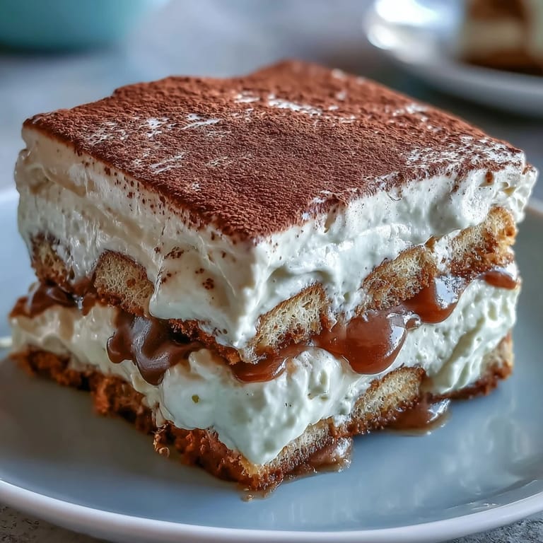 Sliced Hojicha Tiramisu serving showing airy mascarpone layers and toasted hojicha powder on a rustic table.
