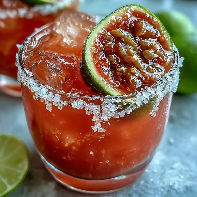 Close-up of a frosted Best Guava Margarita showing pink-orange hue, ice cubes, and a fresh lime wheel on top.