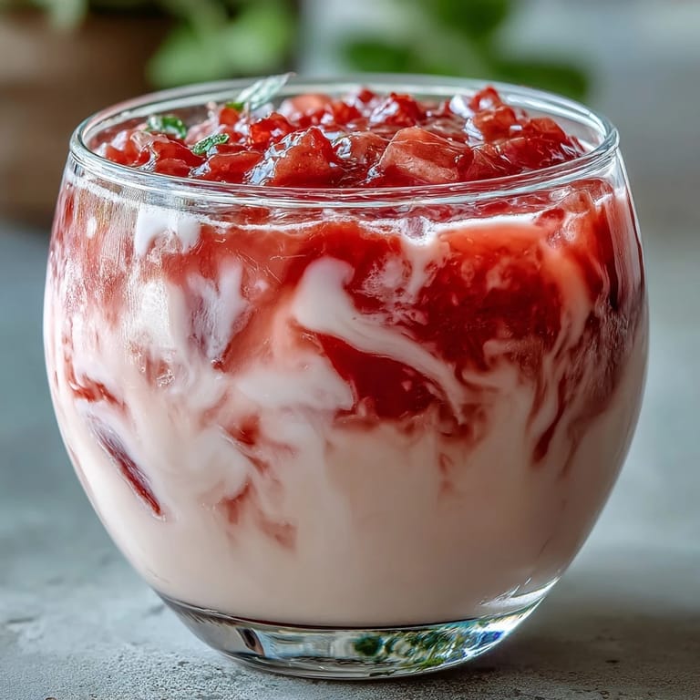 A festive glass of Guava Coquito with a pink hue, blended with coconut milk and sweetened condensed milk.