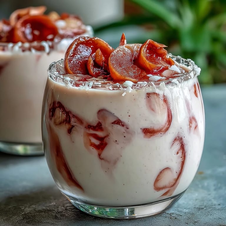 Homemade Guava Coquito in a bottle, ready to pour, showing the rich, creamy texture and tropical guava swirl.