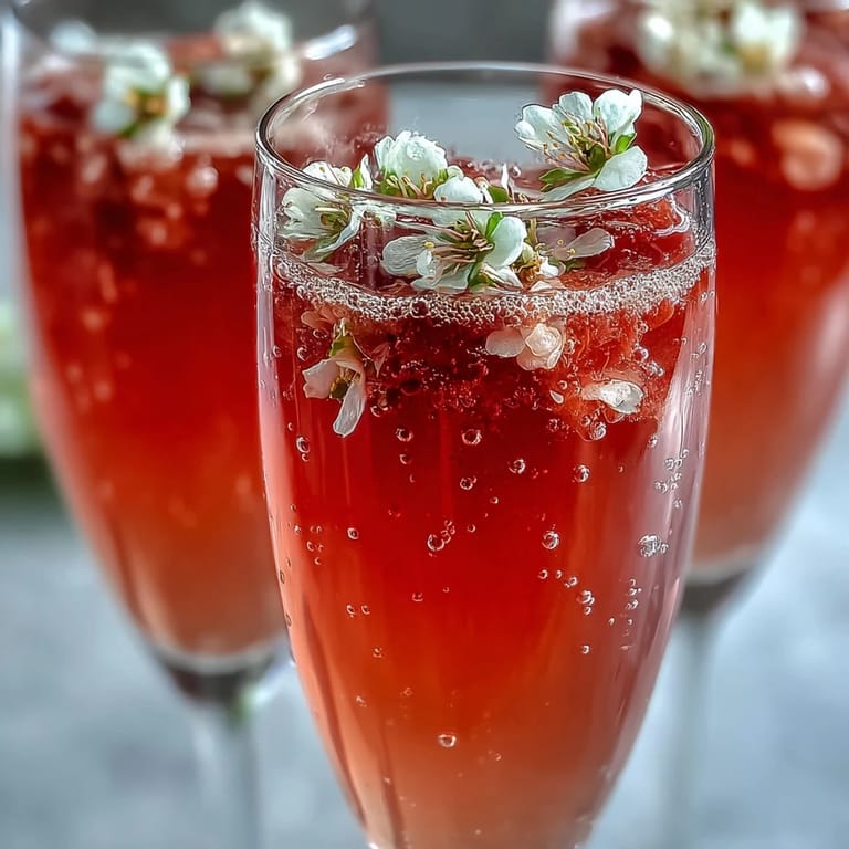 Four glasses of Elderflower Guava Mimosa served with fresh guava slices.