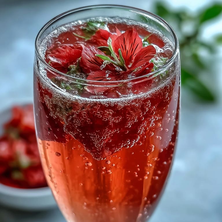 The vibrant Elderflower Guava Mimosa recipe garnished with edible flowers for brunch.
