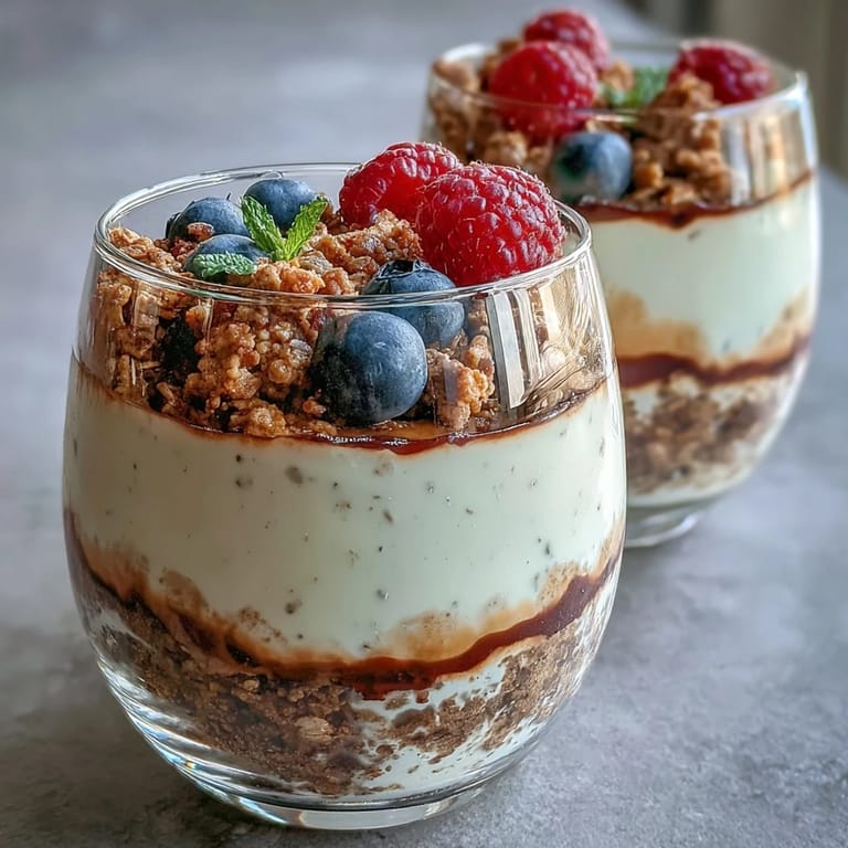 Hojicha Panna Cotta Parfait served chilled, topped with vibrant mixed berries and textured granola.