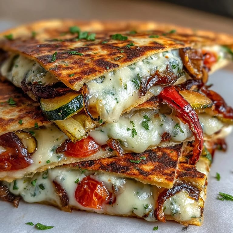 Sizzling skillet with folded Grilled Mediterranean Veggie Quesadillas, featuring charred zucchini, peppers, and gooey mozzarella.