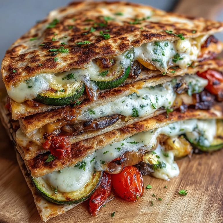 Grilled Mediterranean Veggie Quesadillas garnished with fresh parsley, sliced into warm wedges ready for dipping.