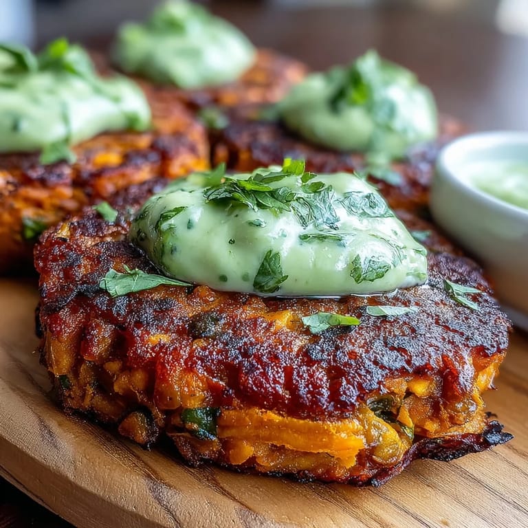 A top-down view shows freshly pan-seared Crispy Sweet Potato & Red Lentil Patties, garnished with cilantro and lime wedges.