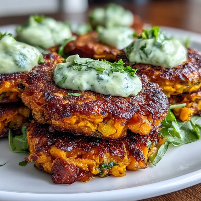 Stack of vegetarian Crispy Sweet Potato & Red Lentil Patties next to a bowl of green avocado sauce for dipping.