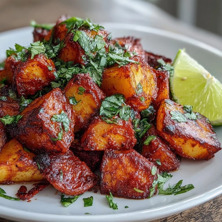 A rustic serving of Spicy Mexican-Style Street Potatoes topped with cilantro, ready to enjoy.