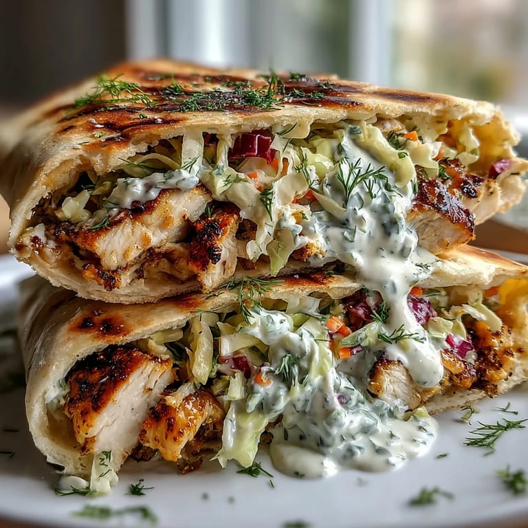 Close-up of juicy sliced chicken and crisp ranch slaw spilling from a golden pita, perfect for a quick dinner.