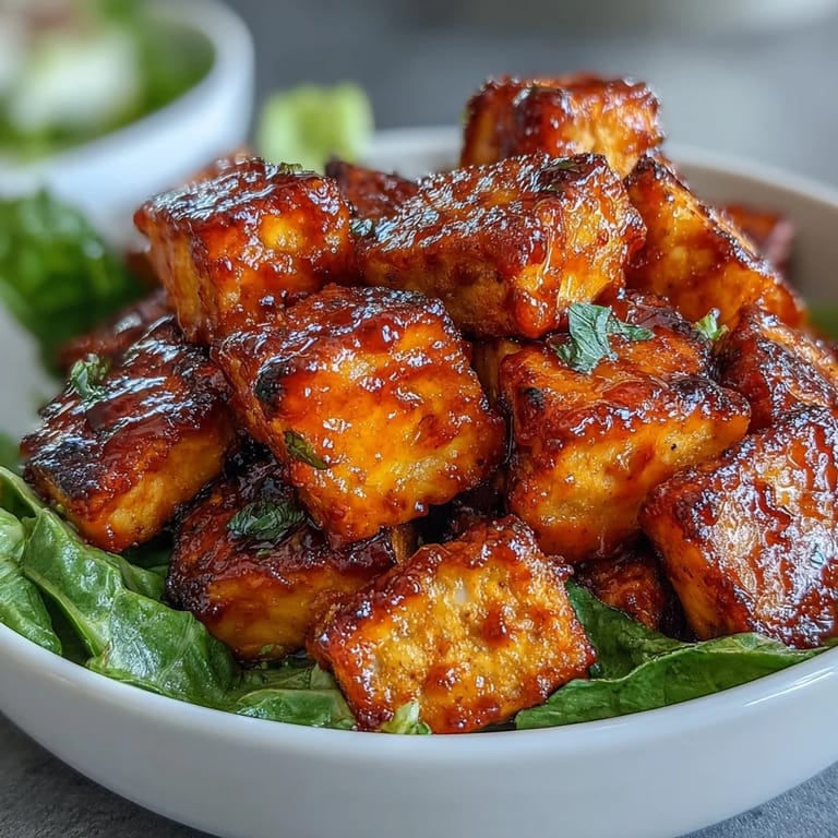 Crispy Buffalo Tofu with Creamy Caesar Salad shows a close-up of golden tofu and fresh greens. 