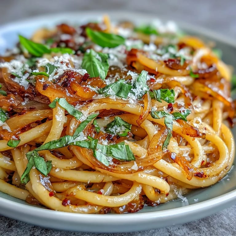 Spicy chili oil glistens over sweet caramelized onion pasta, topped with grated Parmesan and fresh basil leaves for serving.