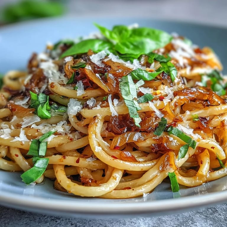 A close-up of a savory serving of caramelized onion pasta with chili oil, paired with a crisp green side salad.
