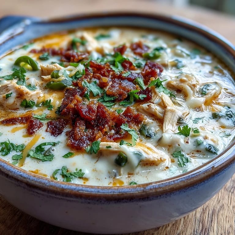 Serve Spicy Jalapeño Popper Chicken Soup hot in rustic bowls with a side of tortilla chips.