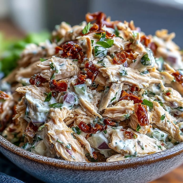 Freshly tossed Sun-Dried Tomato Chicken Salad featuring tangy sun-dried tomatoes and basil, served with crackers.