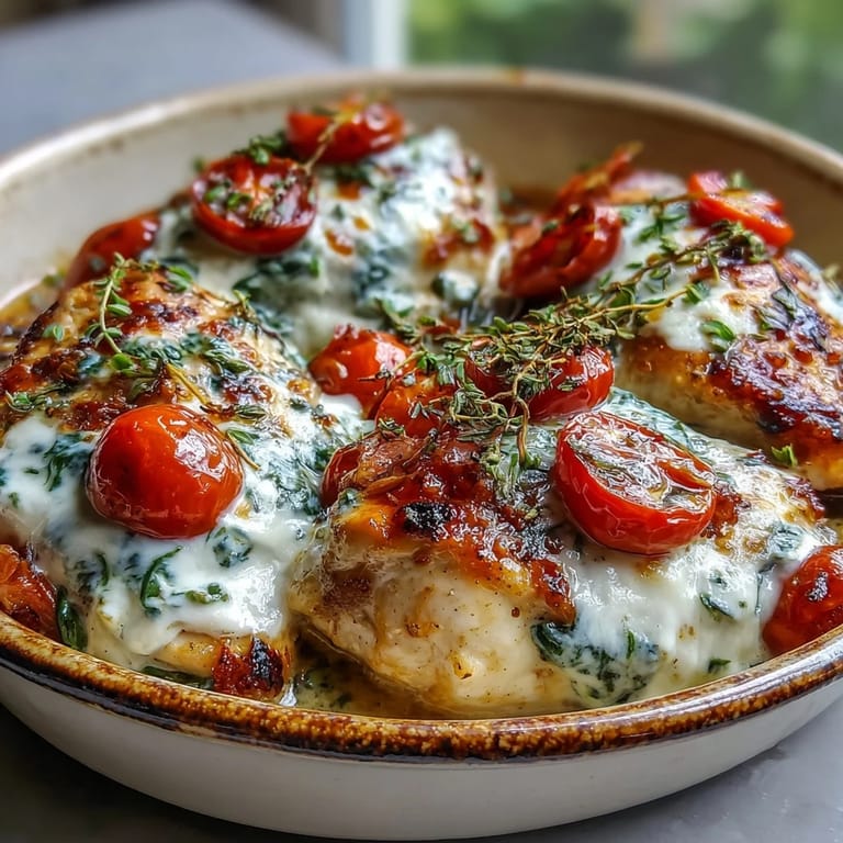Savory High Protein Chicken Bake plated with a side of fluffy cauliflower rice, highlighting the bubbly mozzarella and vibrant green spinach topping.