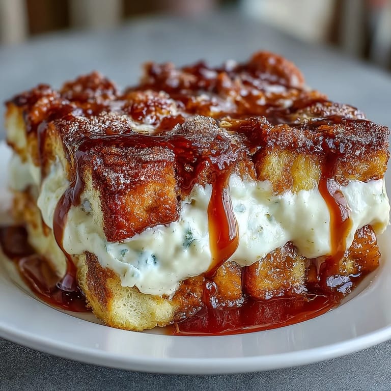 A close-up of Caramel Cream Cheese French Toast Casserole shows a fork taking a bite with creamy filling and warm caramel drizzle.
