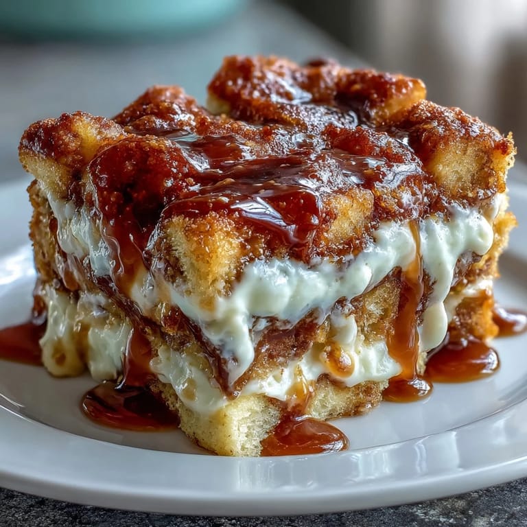 A square of Caramel Cream Cheese French Toast Casserole is plated with fresh berries and a dusting of powdered sugar for brunch.
