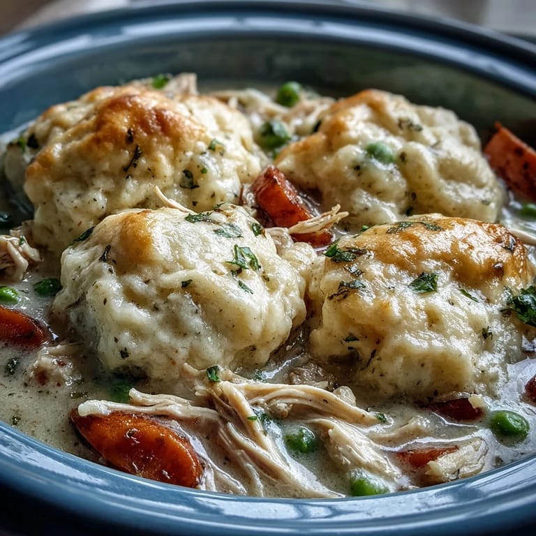 A hearty bowl of Slow Cooker Ranch Chicken & Dumplings with shredded chicken, veggies, and biscuits, ready for a family dinner.
