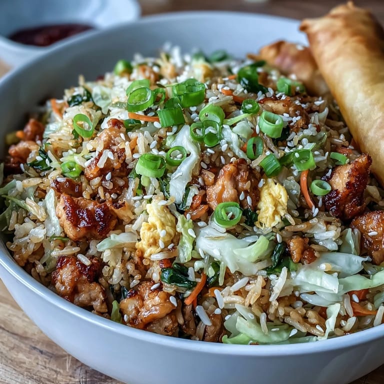 Colorful Crispy Chicken Fried Rice with Egg Roll Flavors served hot, garnished with sesame seeds and green onions, perfect for an easy weeknight dinner.