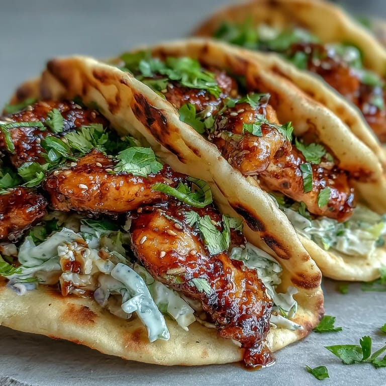 Spicy optional jalapeños garnish these fusion chicken tacos made with soft garlic naan and tangy lime slaw.