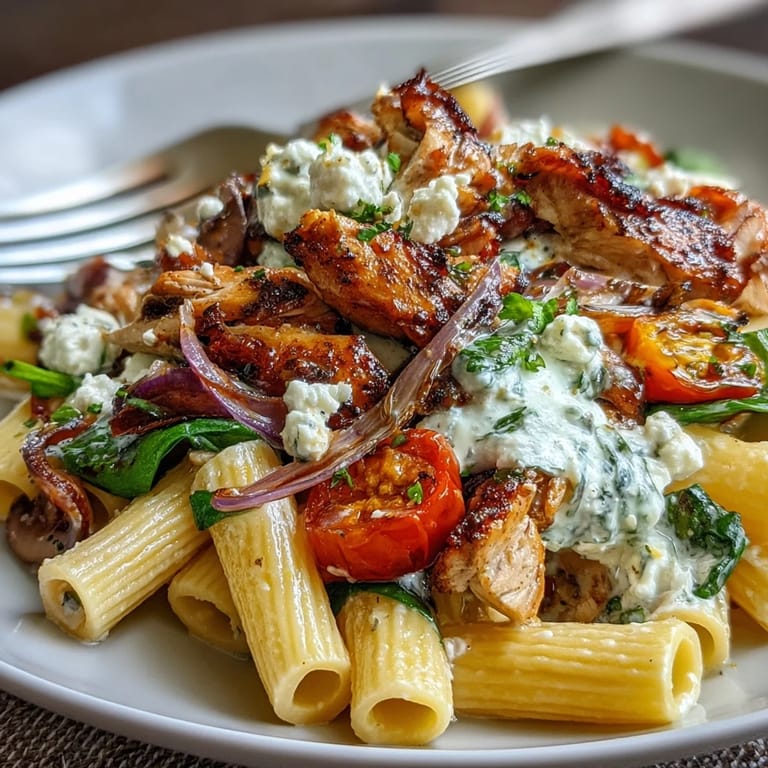 Steaming bowl of Roasted Garlic & Feta Chicken Pasta featuring wilted spinach, roasted cherry tomatoes, and a lemony Greek yogurt sauce.