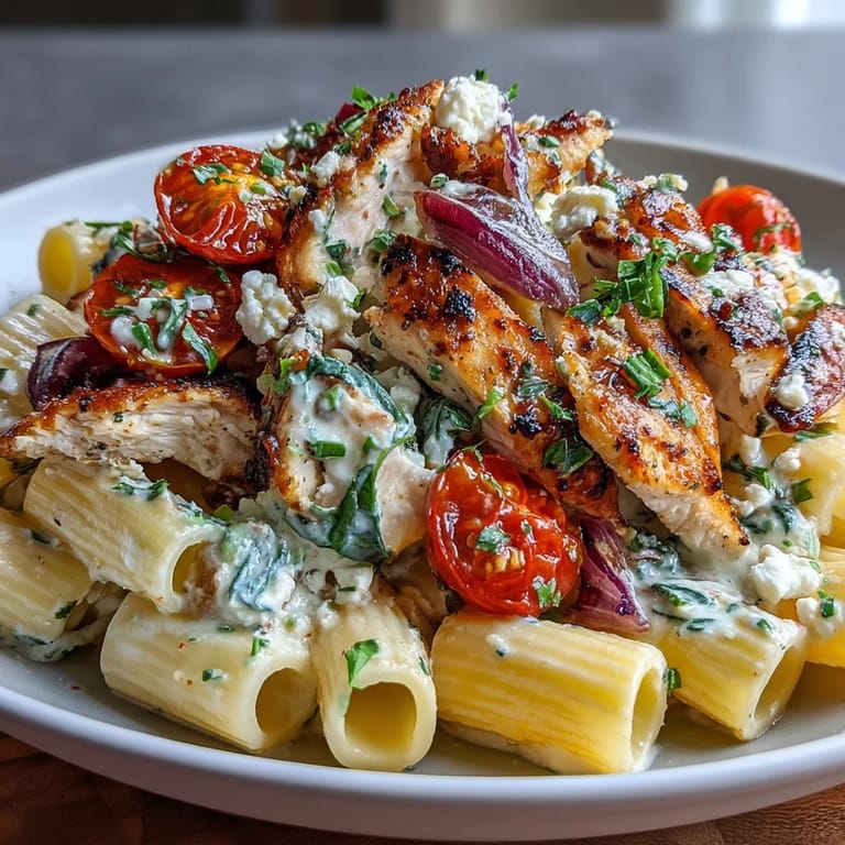 Roasted Garlic & Feta Chicken Pasta garnished with fresh parsley, served hot and ready for dinner tonight.