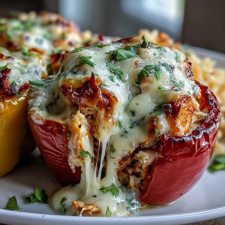 Garlic Parmesan Chicken Stuffed Peppers served warm with a fork, next to a crisp salad.